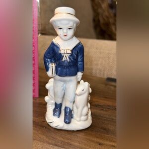 VTG Boy Wearing Sailor Outfit Dog Figurine  Blue White And Gold Home Decor